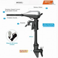 מנוע ימי חשמלי 250 ליברה 48V דגם ארמדה ARMADA  מתאים למים מתוקים ומלוחים ללא מברשות כולל תיבת הילוכים וידית מנוע מתקפלת תוצרת השווינג  HASWING