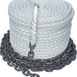 חבל עגינה 3 גדילים מקצועי עשוי 100% פוליאסטר HT קוטר 12 מ"מ אורך 25 מטר כולל שרשרת חוליות 6 מ"מ באורך 13 מטר  - צבע לבן PRO ROPE