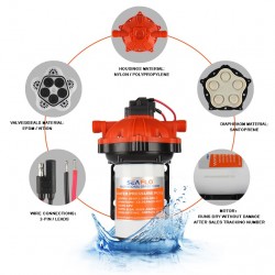 משאבת מים חשמלית 12V לקרוואן וכלי שייט משאבת דיאפרגמה למים מתוקים 5 תאים 18.9 ליטר/דקה לחץ אוויר 60psi דגם DP1-050-060-52 תוצרת SEAFLO