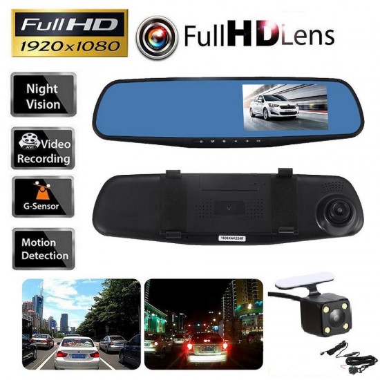מצלמת דרך לרכב 2 מצלמות מקליטות כולל מסך מראה, צג "4.3 DVR לרכב -הקלטה FHD ברזולוציה גבוהה 